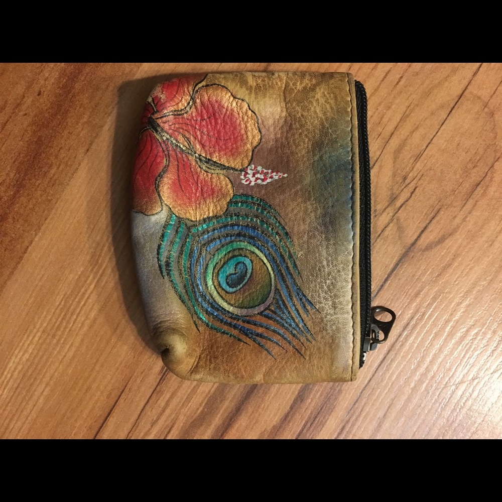 Anuschka hand painted peacock feather coin purse